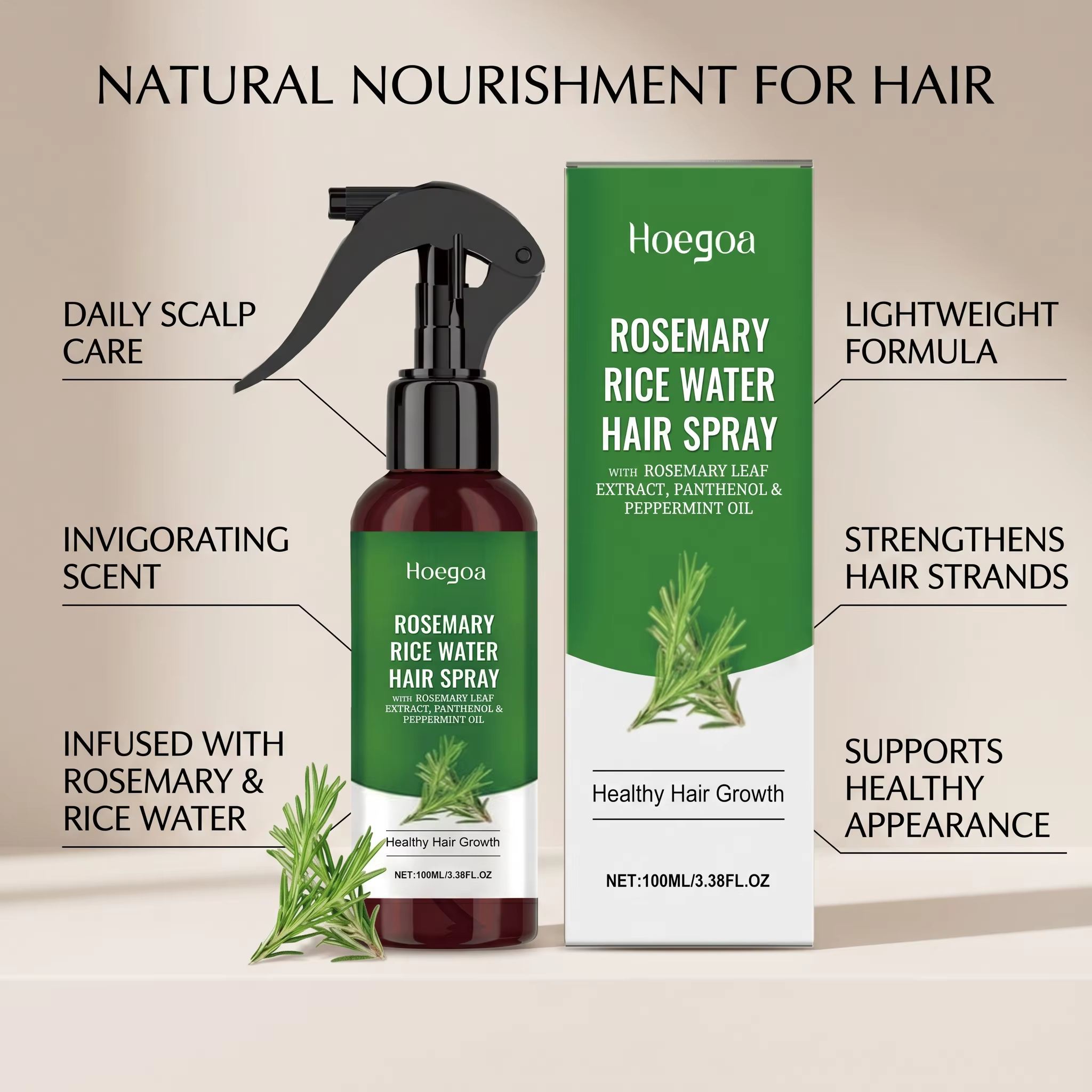 Spray capillaire à l'eau de riz et au romarin pour cheveux secs et crépus