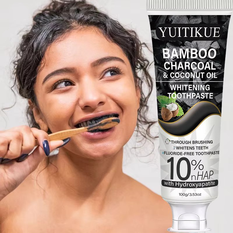 Dentifrice au charbon de bambou et à l'huile de coco YUITIKUE |   10% d'hydroxyapatite NHAP |   Soins dentaires sans fluor 100g