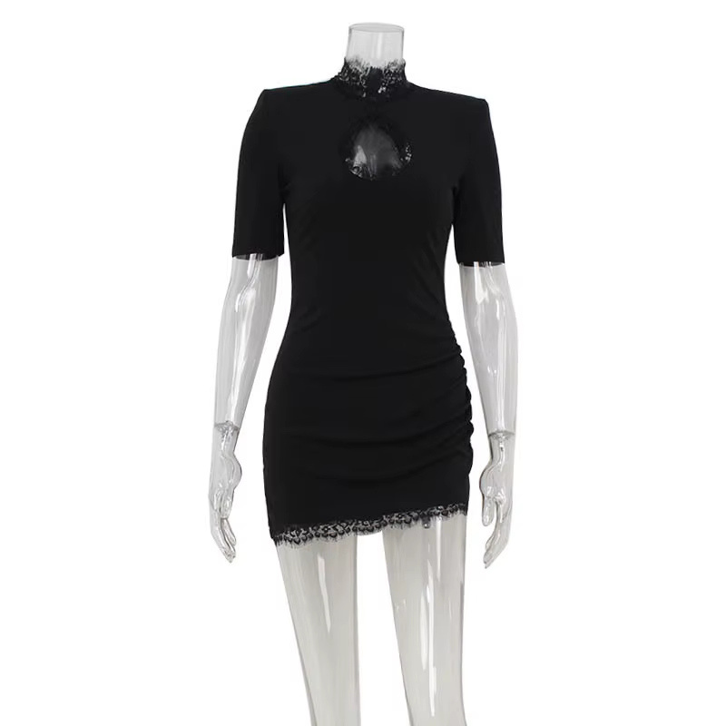 Robes à col haut pour femmes, mini robe éducative, tenues à demi-manches, gaine de tambour évidée, patchwork de dentelle, club sexy, mode féminine