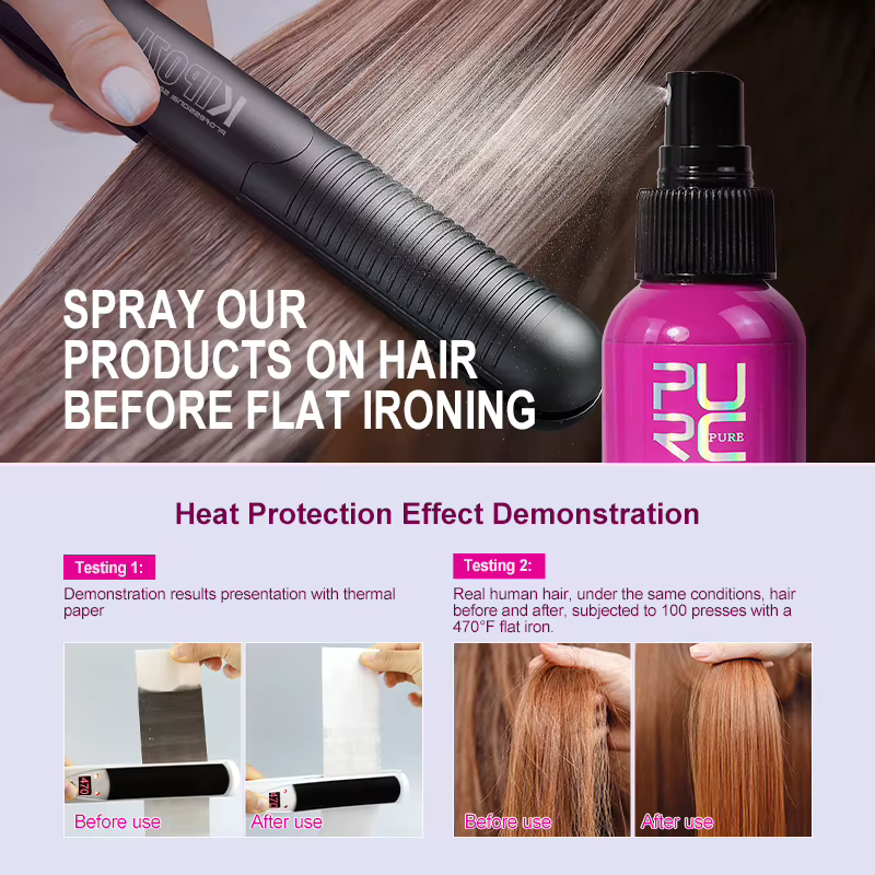 PURC Spray protecteur thermique huile de noix de coco contrôle des frisottis et brillance pour tous les types de