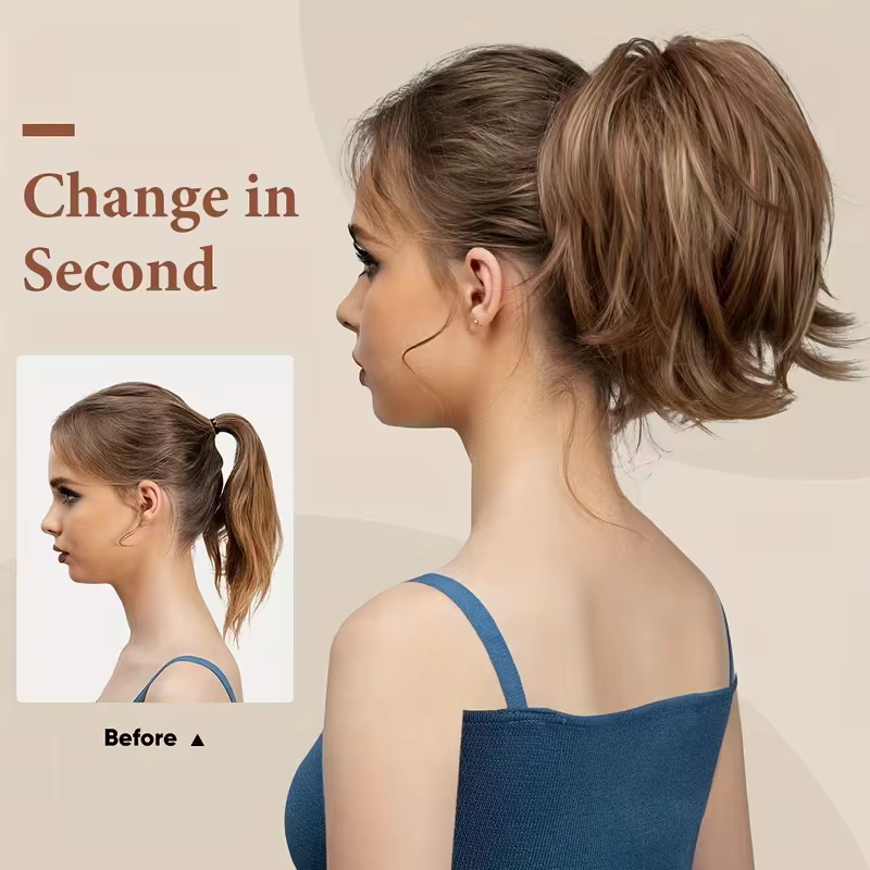 Pour cheveux courts : Queue de cheval synthétique ondulée à clipser