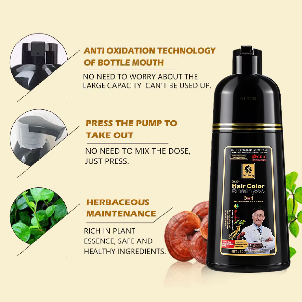 Shampoo colorant capillaire noir 3 en 1 pour cheveux gris