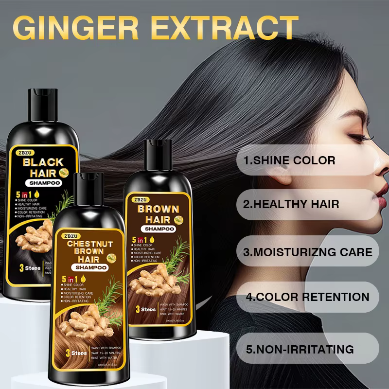 Nouveau shampoing colorant pour cheveux 5-en-1, contenant du gingembre et de la biotine. Rétention de couleur longue durée et couverture des cheveux gris. Longue durée