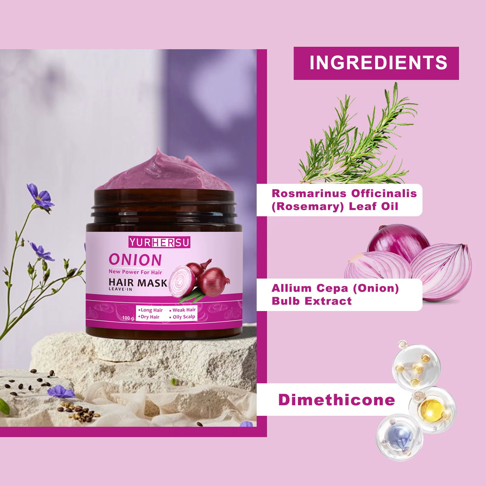 Le masque capillaire sans lavage à l'essence d'oignon nourrissant en profondeur peut réparer naturellement les cheveux secs et abîmés