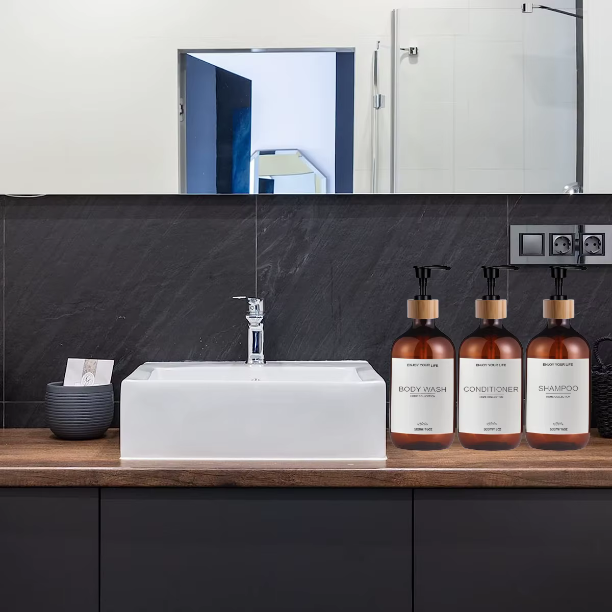 Distributeur de bouteilles de shampoing et de revitalisant de 500ml, paquet de 3 bouteilles distributrices de savon et de shampoing avec pompe, récipient de douche pour revitalisant