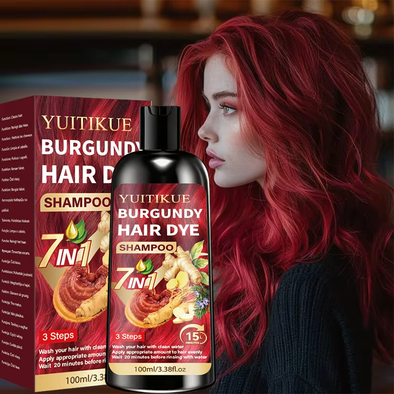 Shampoo colorant capillaire YUITIKUE Bourgogne 100ml 7 en 1 infusé aux plantes, couvre les cheveux gris, coloration capillaire simple à domicile, usage quotidien