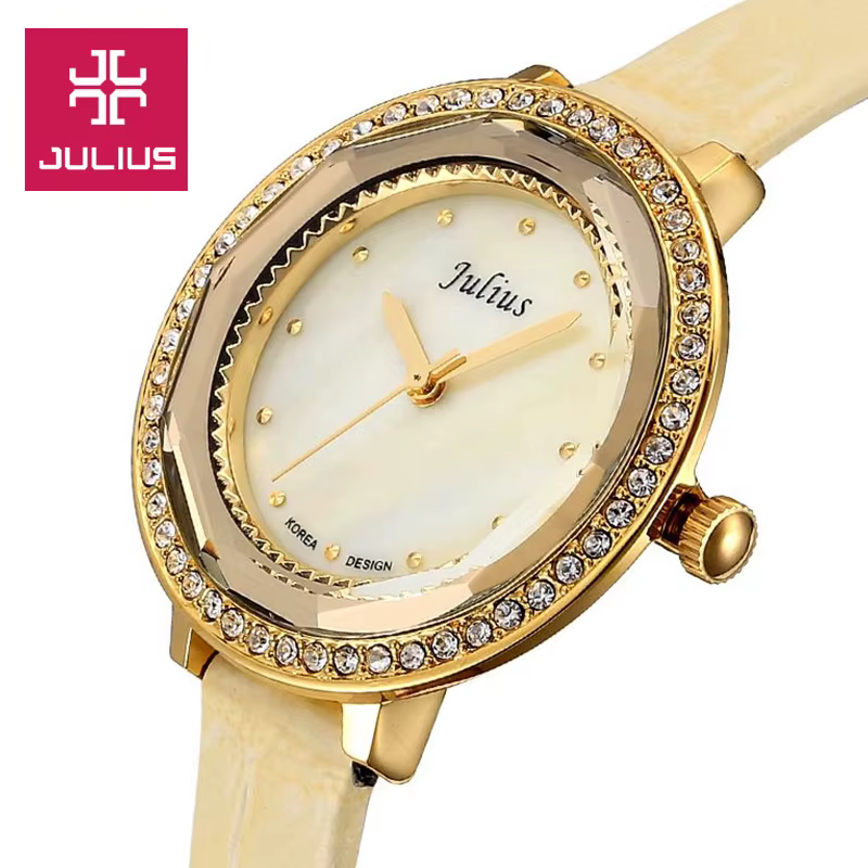 Montre à quartz en nacre pour femme, Julius Lady, bracelet en cuir véritable, mode japonaise, heures, cadeau pour fille, sans boîte