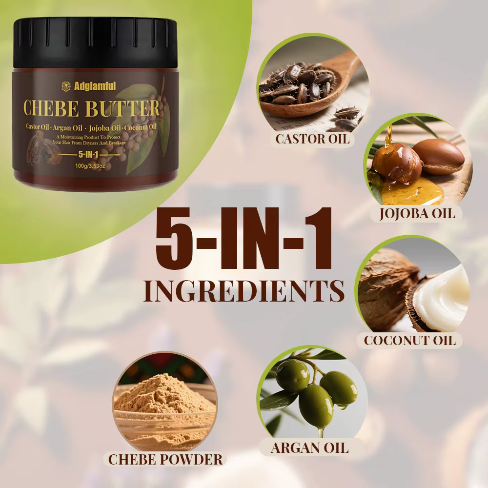 Huile de Ricin 5-en-1 et Beurre de Chebe – Soin Professionnel pour Cheveux Forts et Anti-Casse