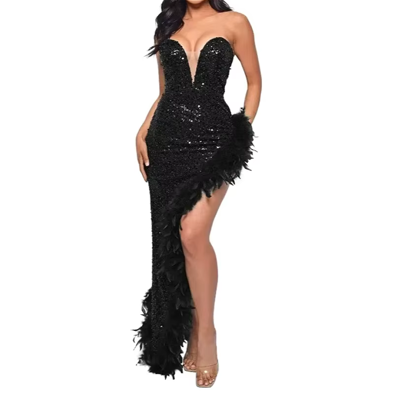 Robes pour femmes, modèle fourreau, bustier, pour soirée et bal de promo, ornées de plumes et de paillettes, magnifiques, coupe ajustée, sexy, dos nu, effet enveloppant sur les fesses, Vestidos