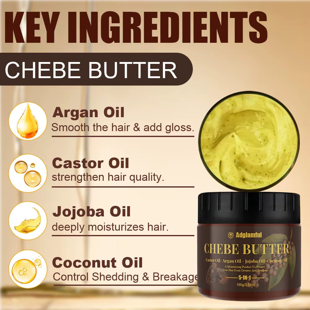 Huile de Ricin 5-en-1 et Beurre de Chebe – Soin Professionnel pour Cheveux Forts et Anti-Casse