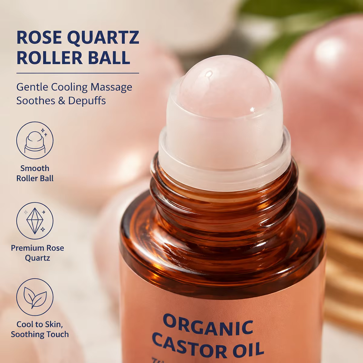 Huile de ricin bio pressée à froid sans hexane avec applicateur à bille en quartz rose