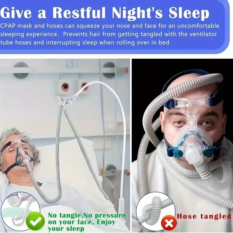 Un support de tuyau à fixer au lit, empêchant les enchevêtrements et les blocages, maintient le tuyau d'air en l'air, éloigné du visage et des bras, pour un sommeil réparateur.
