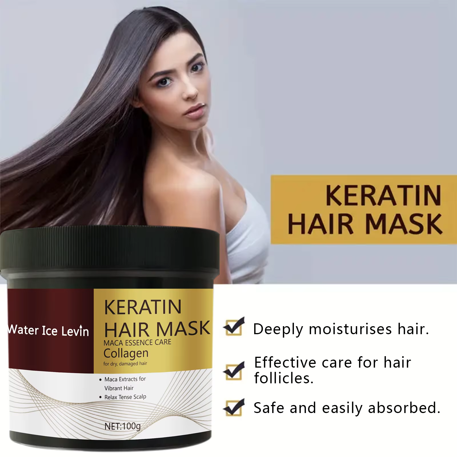 Masque capillaire à l'extrait de maca et à la kératine hydrolysée. Répare les cheveux secs. Collagène Huile d'Argan.