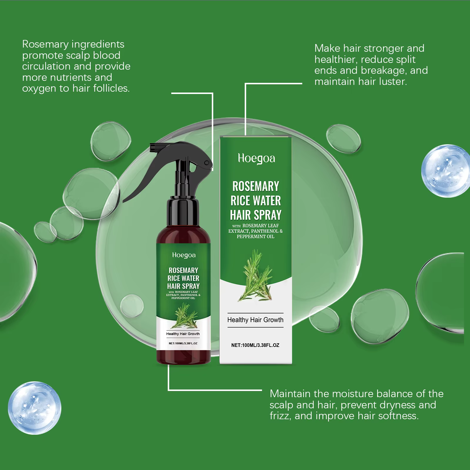 Spray capillaire à la rosemaine et à l'eau de riz pour cheveux secs et abîmés