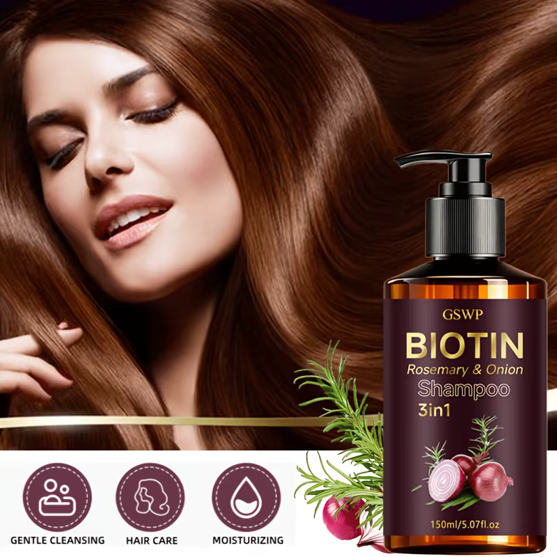 GSWP Shampooing 3-en-1 Biotine, Romarin et Oignon. Nettoie en profondeur le cuir chevelu, contrôle l'excès de sébum, hydrate, adoucit et nourrit. 150ml