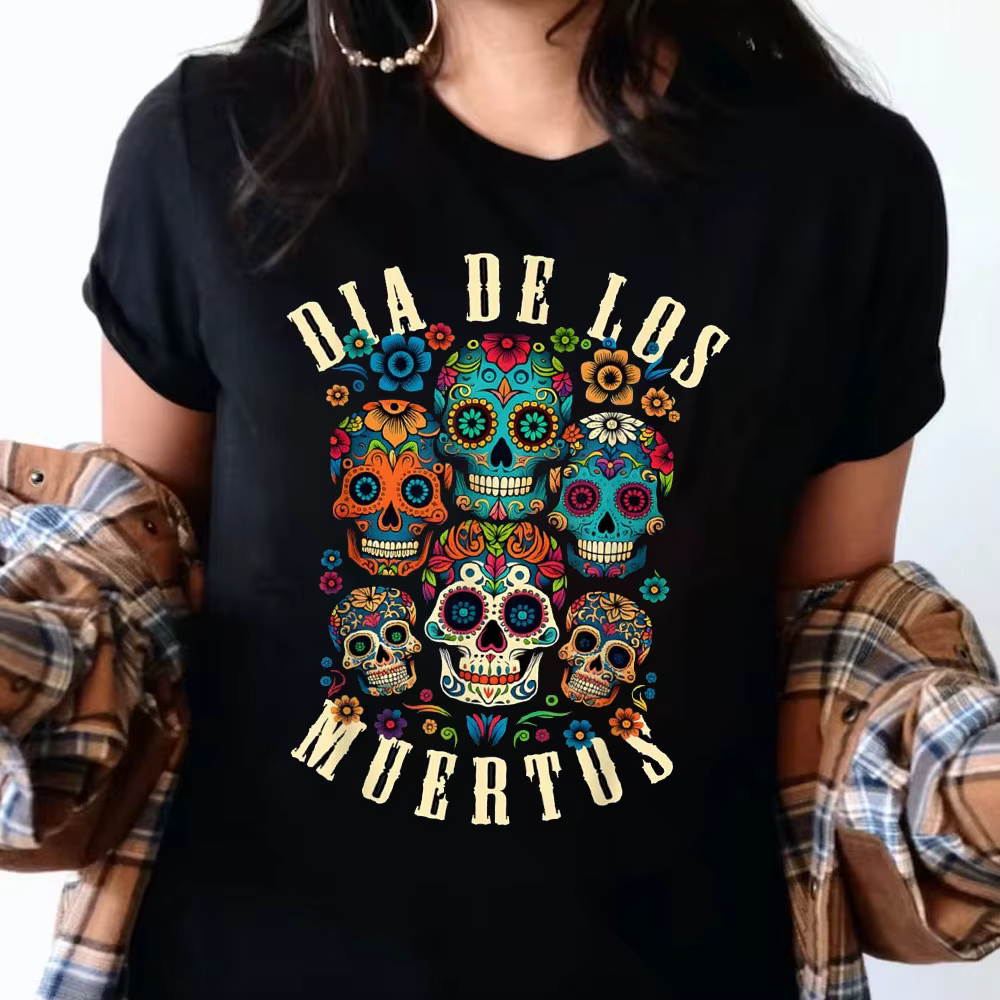 Dia De Los Muertos jour des morts crâne drôle unisexe t-shirts graphiques t-shirts col rond hommes coton t-shirt vêtements De fête Streetwear