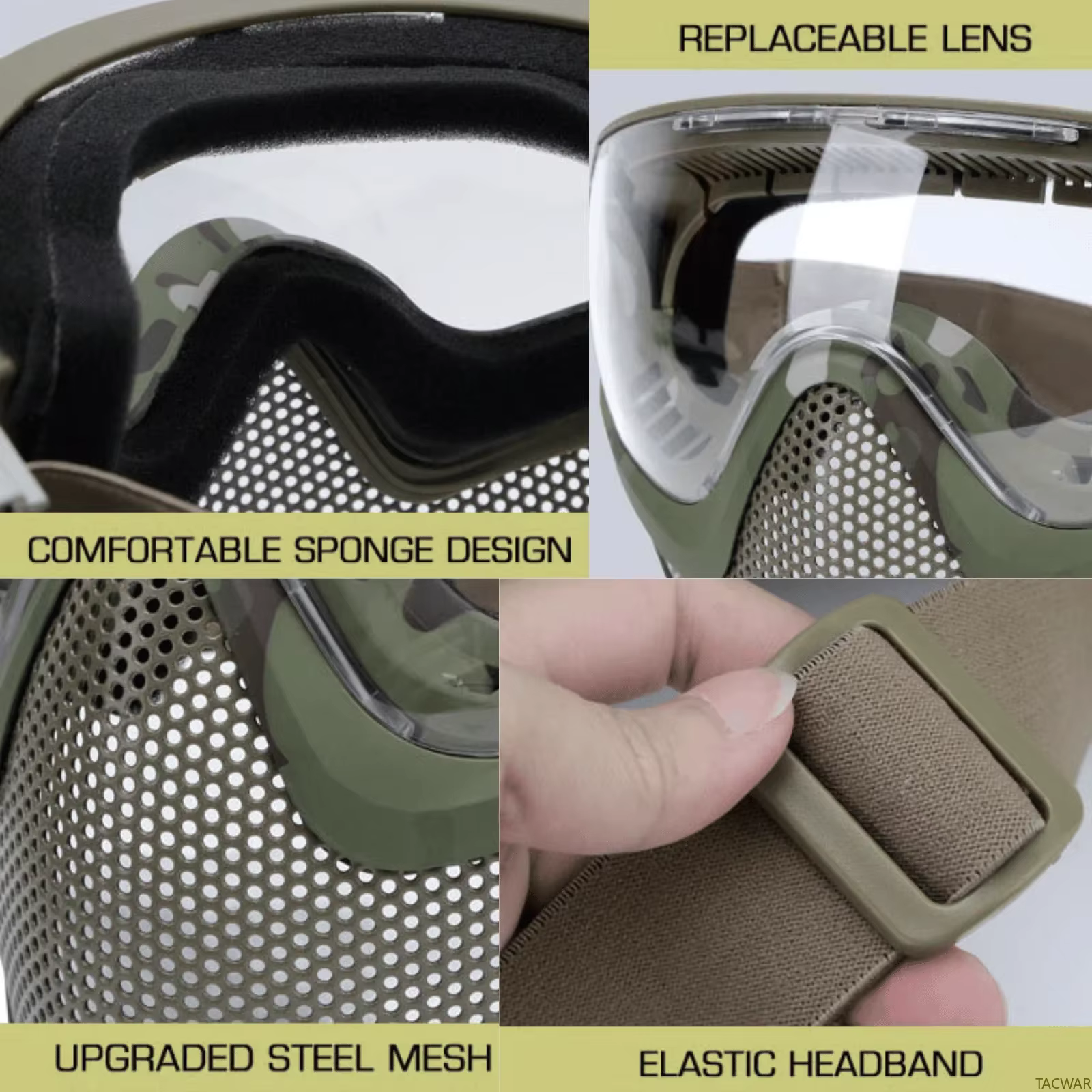 Masque en maille Airsoft intégral avec 3 lunettes antibuée pour casque rapide, masque de protection en acier de 2 modes pour le tir Wargame CS