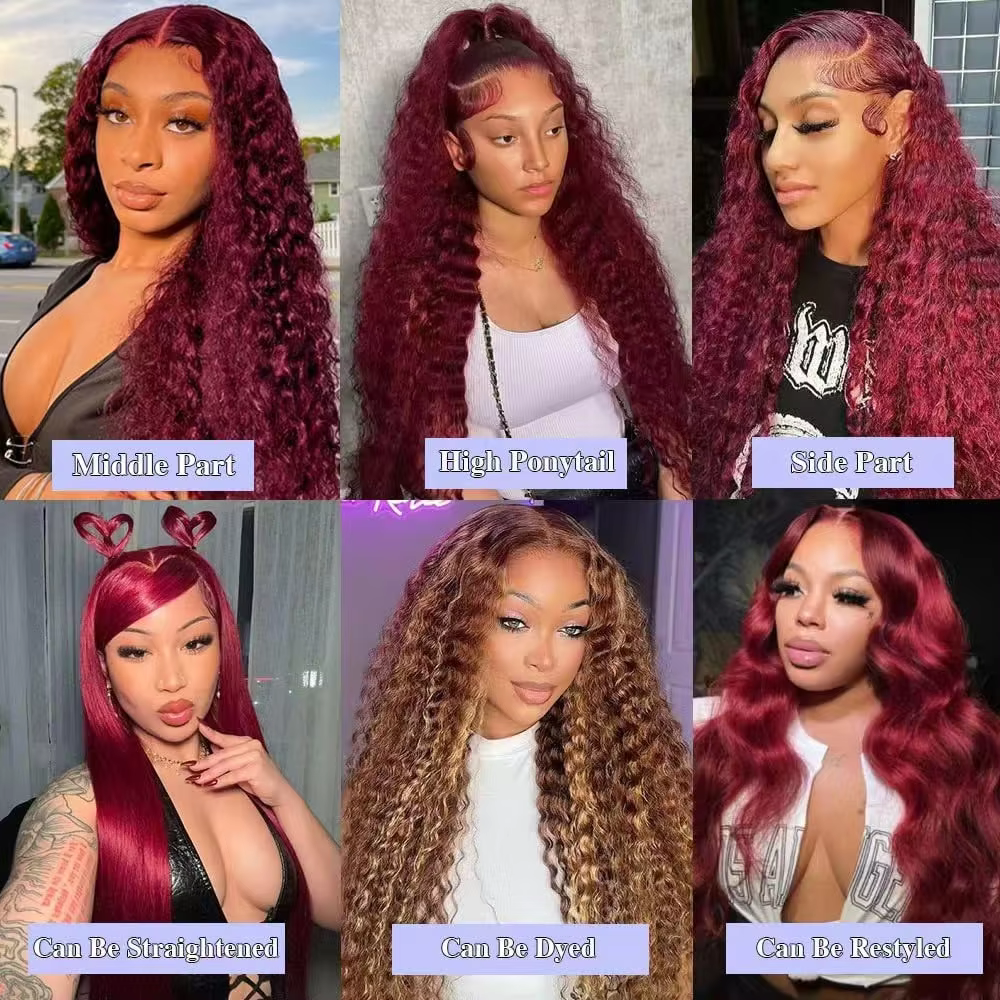 250% 13x4 HD Transparent vague profonde frontale perruque couleur 99j bordeaux profond bouclés dentelle avant perruques