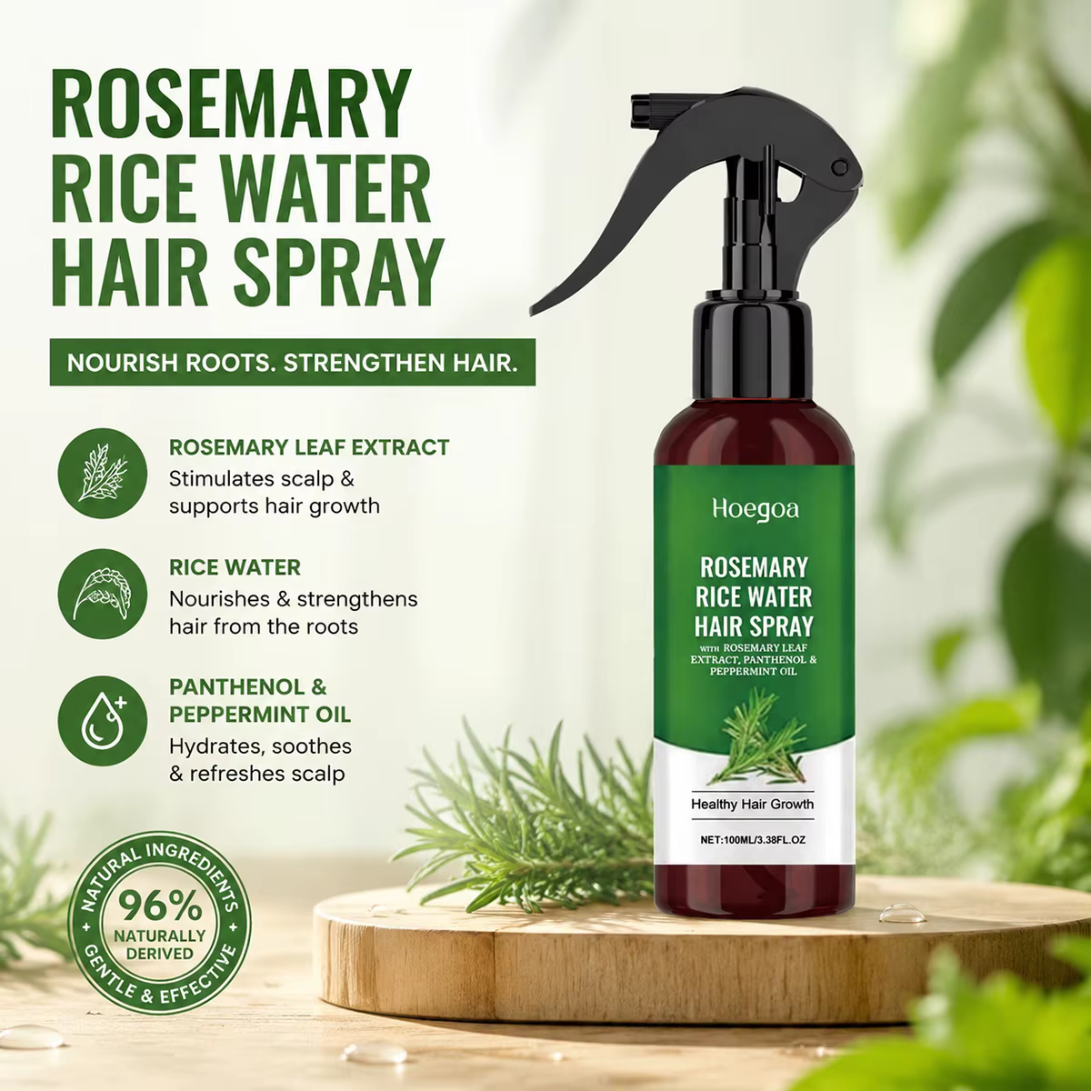 Spray capillaire à l'eau de riz et au romarin avec extrait