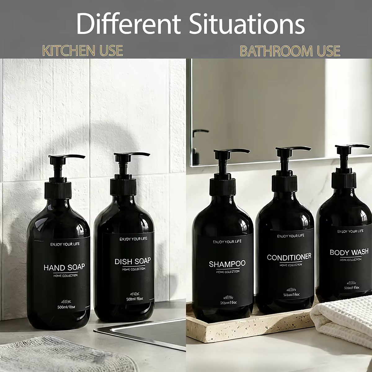 Ensemble de distributeurs de savon pour douche, noir brillant, rechargeables, pour shampoing, après-shampoing et gel douche, avec étiquettes imperméables, pour salle de bain