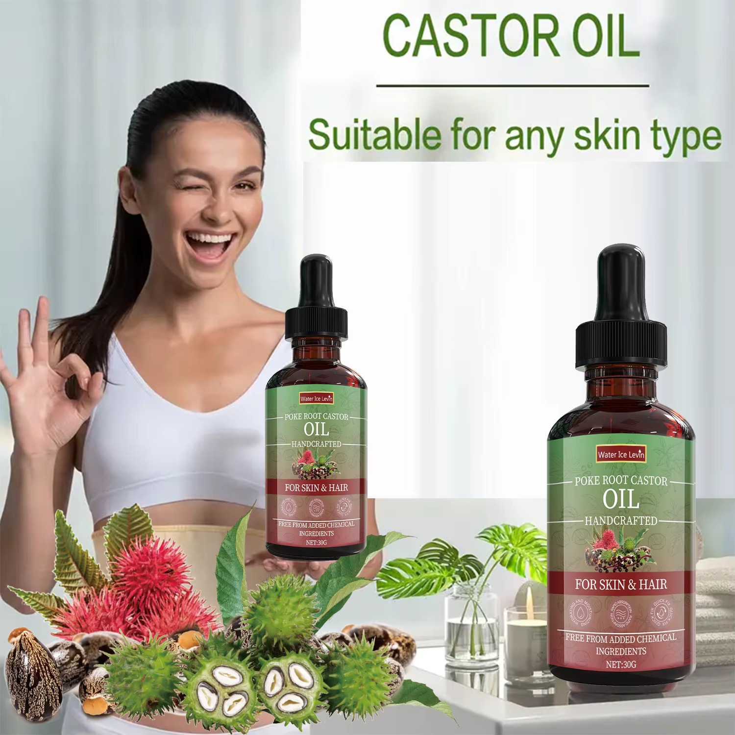 Huile de Ricin à la Racine de Poke pour Peau et Cheveux - Mixte Naturel Artisanal