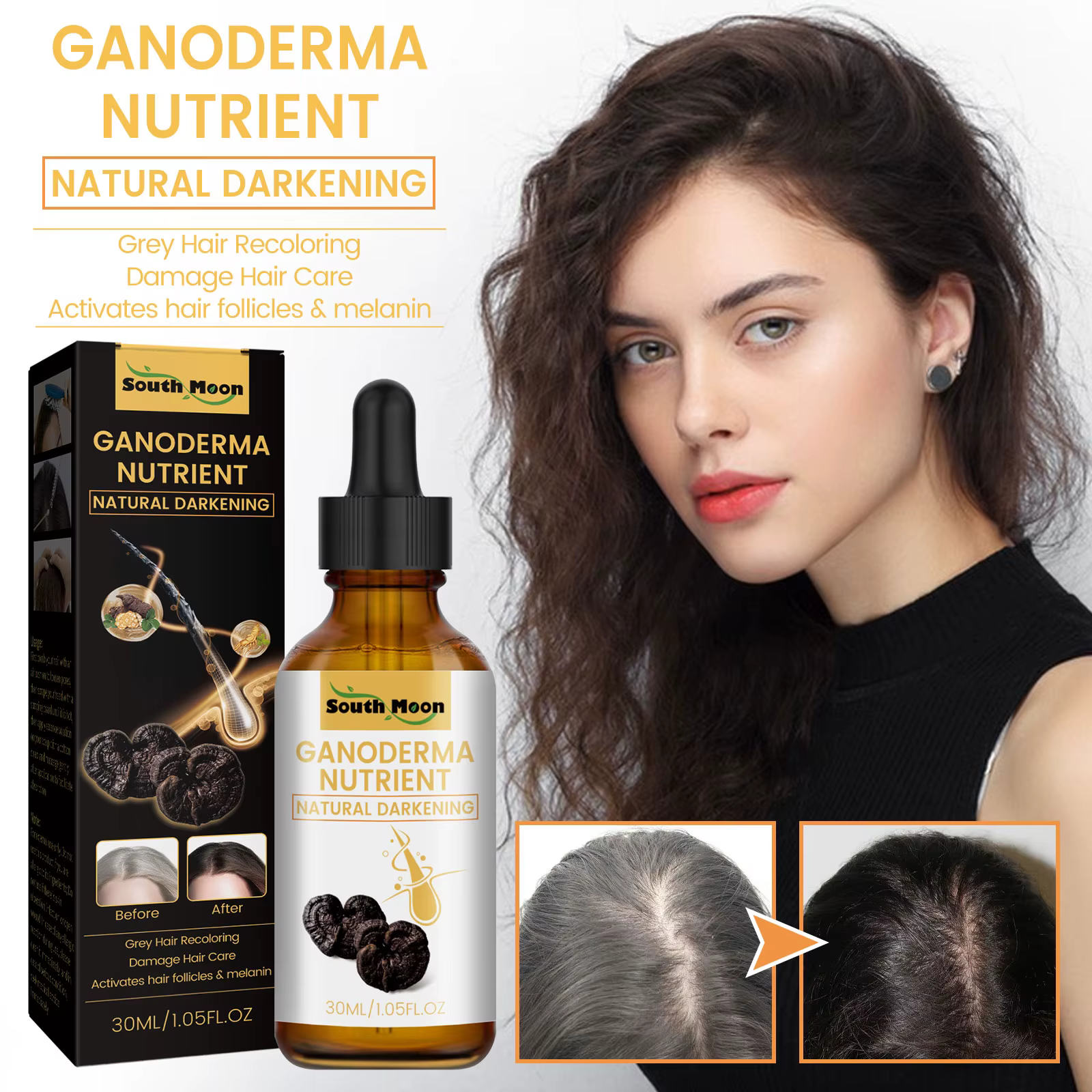 Black Ganoderma Lucidum-Liquide pour cheveux, Cuir chevelu propre, Prévenir la perte de cheveux, Renforcer les racines des cheveux, Nourrir le suivi capillaire, Essence de soin, D343