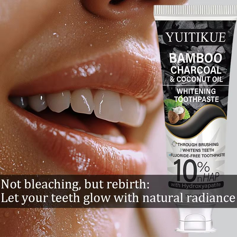 YUITIKUE Dentifrice blanchissant au charbon de bambou et à l'huile de coco 100g 10% nHAP Sans fluorure Nettoyage en profondeur des taches Dents éclatantes