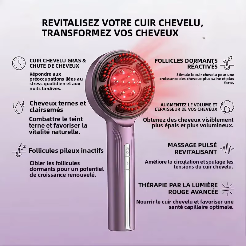 Peigne Masseur Électrique EMS pour Cuir Chevelu avec Thérapie par Lumière Rouge