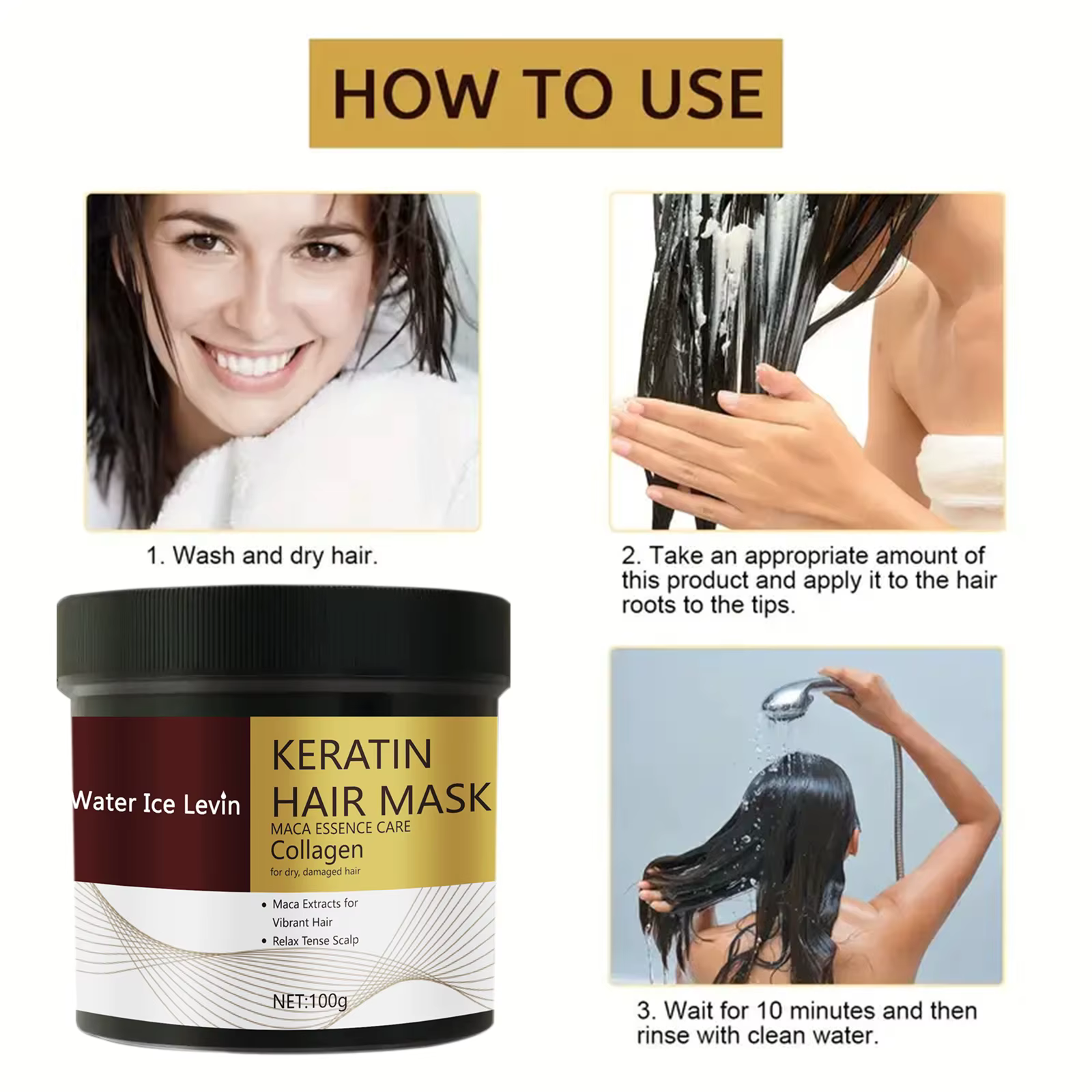Masque capillaire à l'extrait de maca et à la kératine hydrolysée. Répare les cheveux secs. Collagène Huile d'Argan.