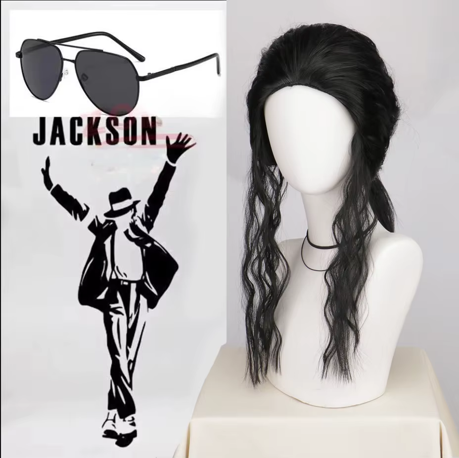 Perruque ou lunettes de cosplay Michael Jackson, perruque synthétique longue noire bouclée MJ, accessoires de coiffure pour Halloween, accessoires de cosplay