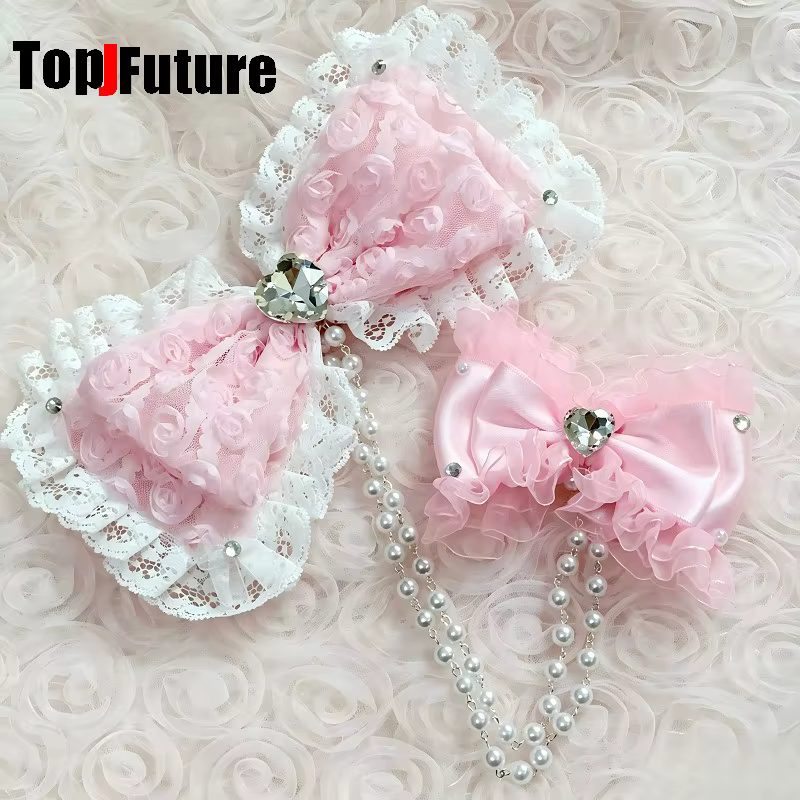 Barrettes à cheveux style Hime Y2K, nœud en dentelle rose à volants, accessoires de coiffure Hime gyaru, barrettes pour filles subculture, coiffure Luolita