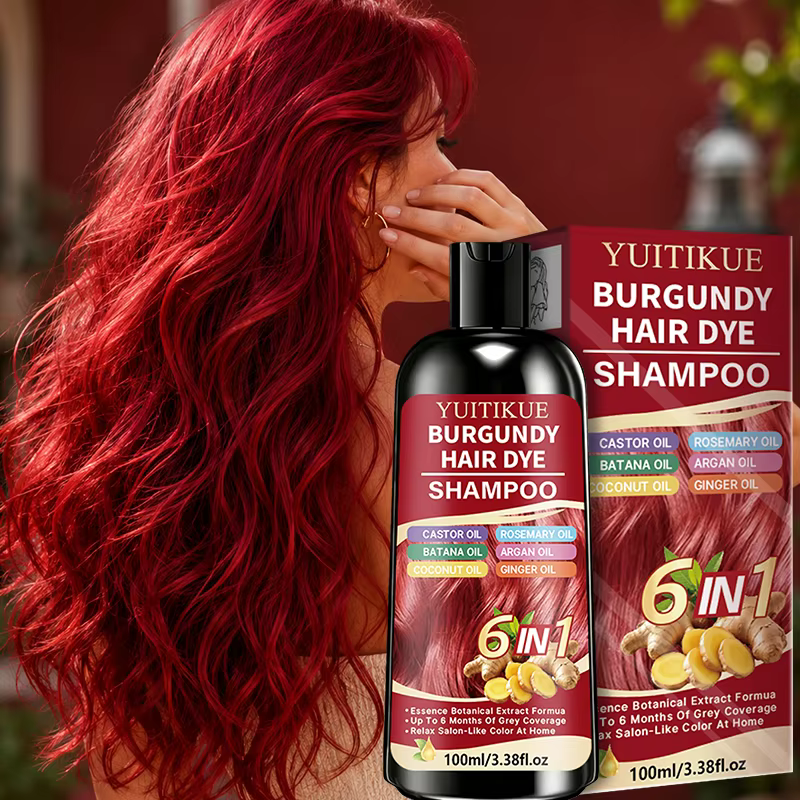 Shampoo colorant capillaire 6 en 1 couleur Bourgogne, formule à base de plantes, couvre les cheveux gris, coloration douce à faire soi-même à la maison.