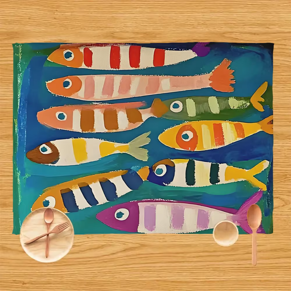 Napperons imprimés de sardines dans l'huile, 4 pièces, tapis rectangulaires de conception colorée pour Table à manger, décor de sardine, accessoire de cuisine