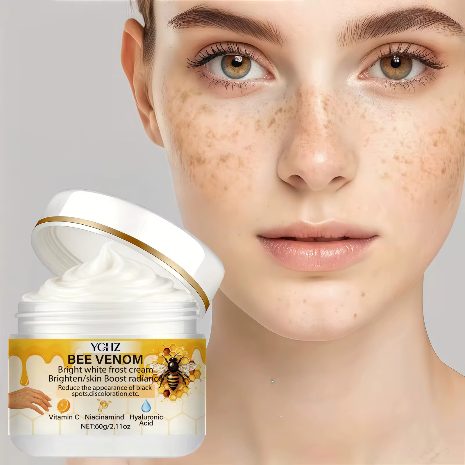 Crème éclaircissante au venin d'abeille, unifie le teint, élimine les taches brunes et le teint terne - Non grasse, convient aux hommes et aux femmes - Crème blanchissante et hydratante, pour usage de