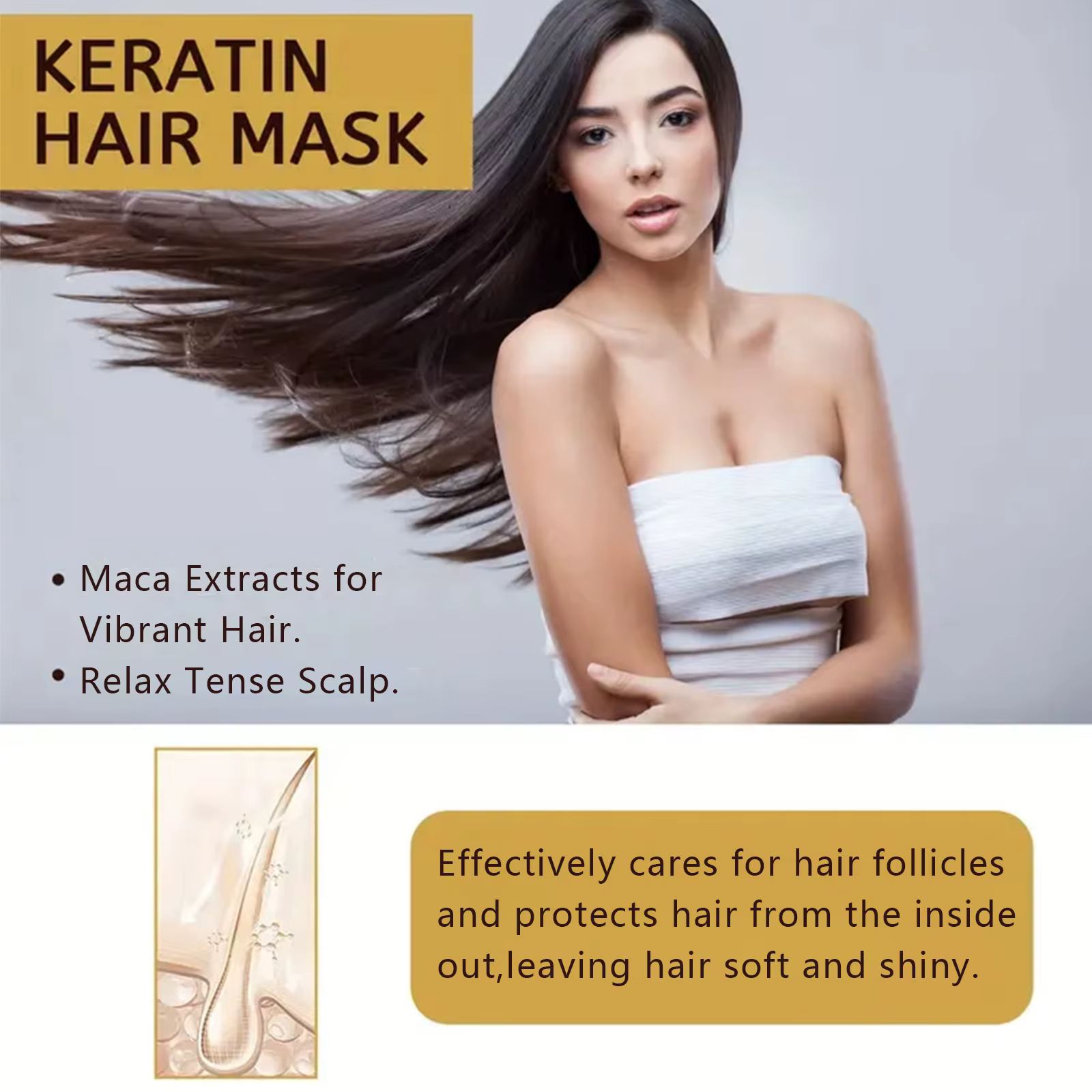 Masque capillaire à l'extrait de maca et à la kératine hydrolysée. Répare les cheveux secs. Collagène Huile d'Argan.
