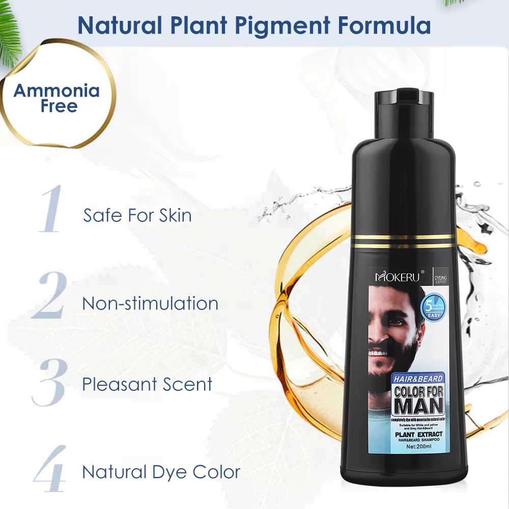 Shampoo colorant permanent pour barbe naturelle longue durée 200 ml pour hommes – Élimine les poils blancs et gris