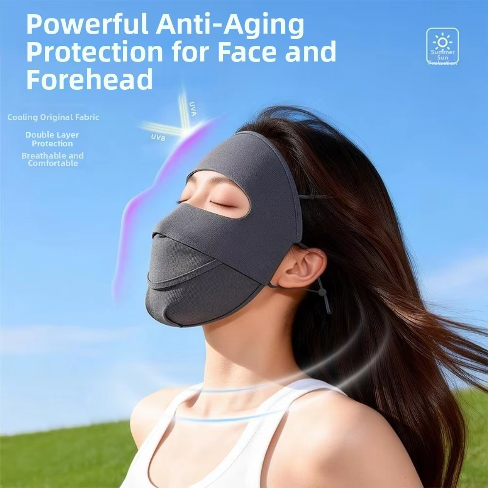 Masque facial solaire intégral respirant, anti-UV, réglable et absorbant l'humidité, pour une protection optimale de la peau.