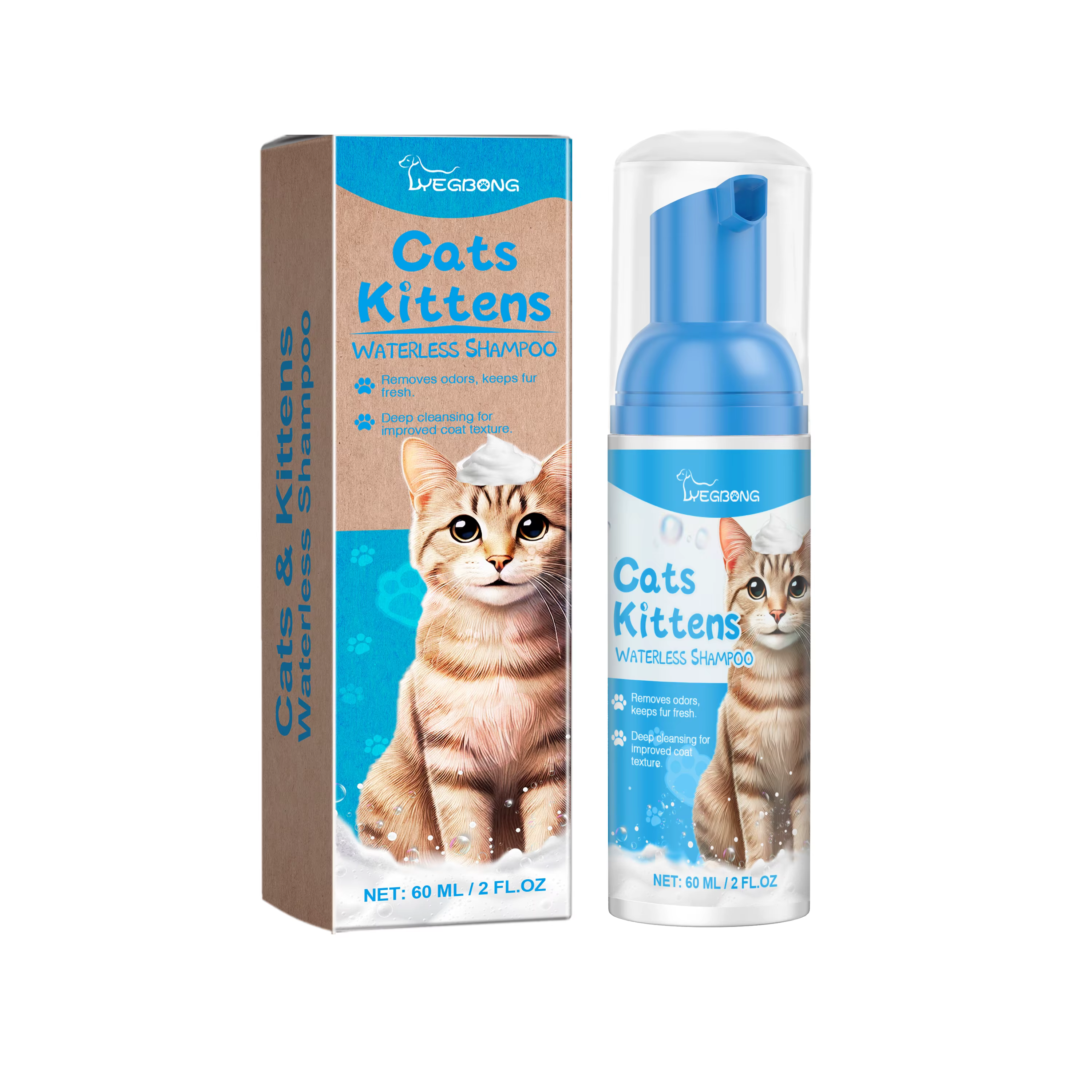 Shampooing pour chat sans eau, shampooing sec sûr à lécher, 60 ml, shampooing moussant doux pour chats, nettoyage en profondeur, soulage les démangeaisons cutanées