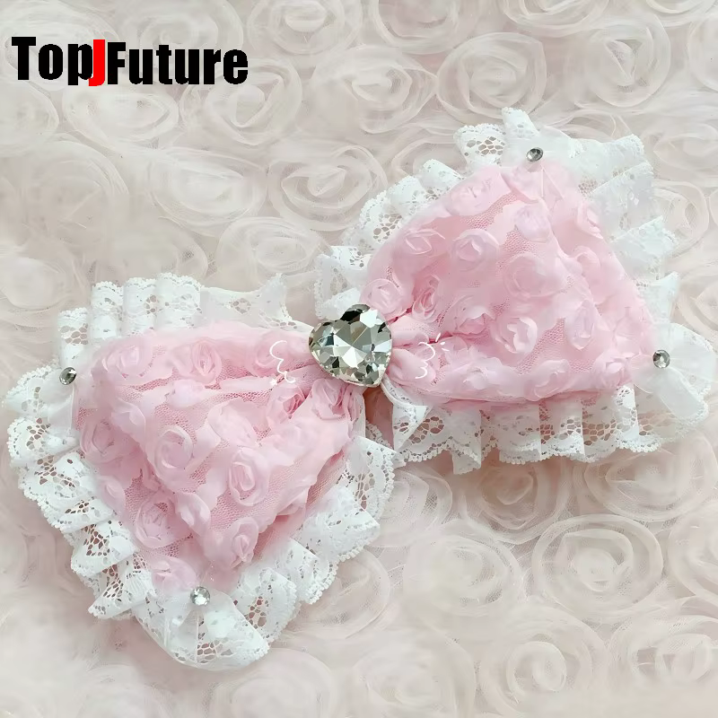 Barrettes à cheveux style Hime Y2K, nœud en dentelle rose à volants, accessoires de coiffure Hime gyaru, barrettes pour filles subculture, coiffure Luolita