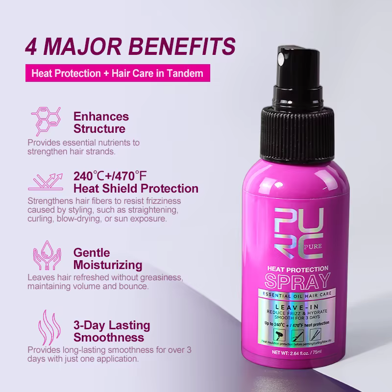 PURC Spray protecteur thermique huile de noix de coco contrôle des frisottis et brillance pour tous les types de