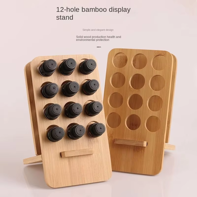 Support d'huile essentielle 12 grilles, présentoir de stockage d'huile essentielle, présentoir de bouteilles de bureau, étagère amovible en bambou