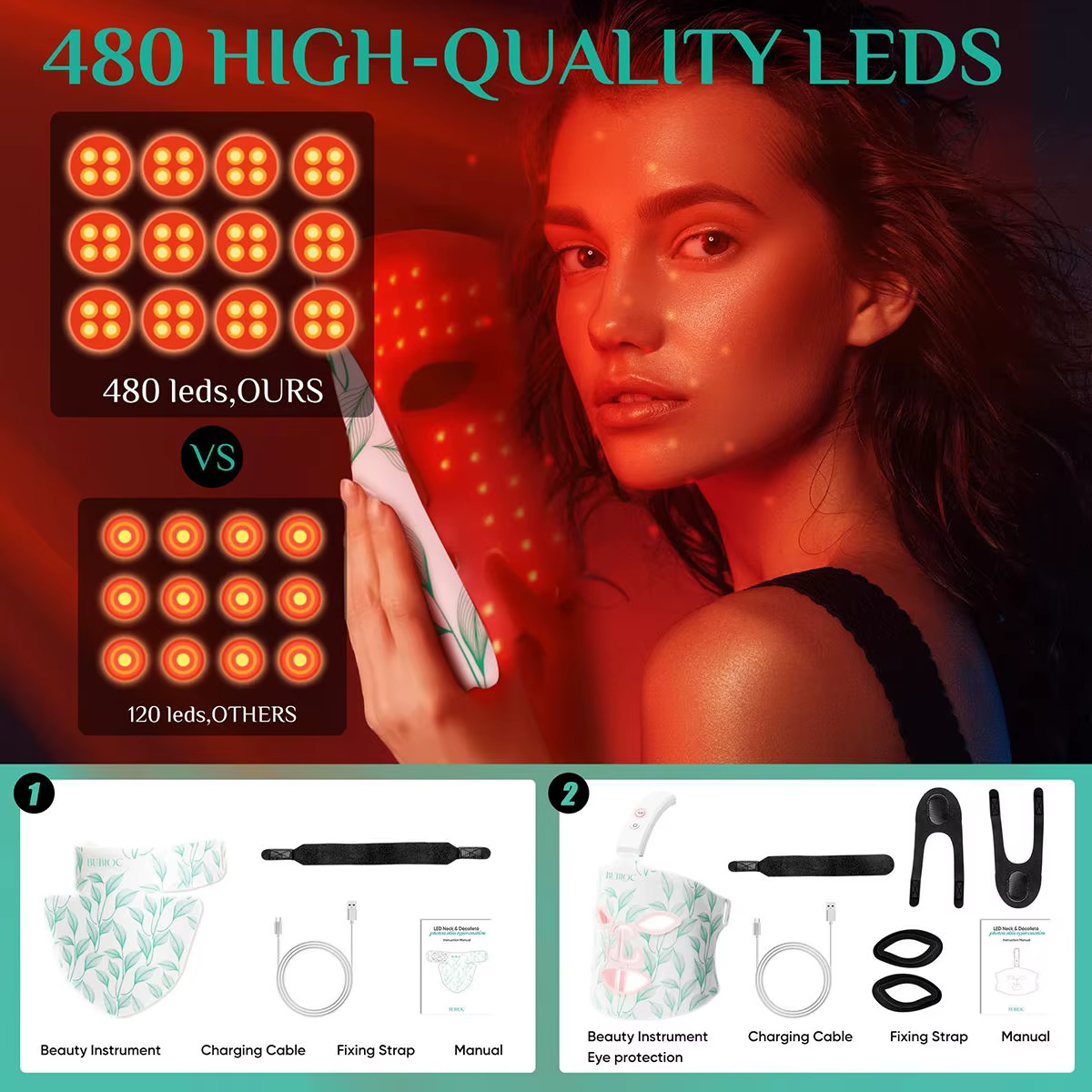 Masque facial LED 8 couleurs portable en silicone LED lumière rouge thérapie proche infrarouge pour anti-âge, rides, rajeunissement de la peau usage domestique