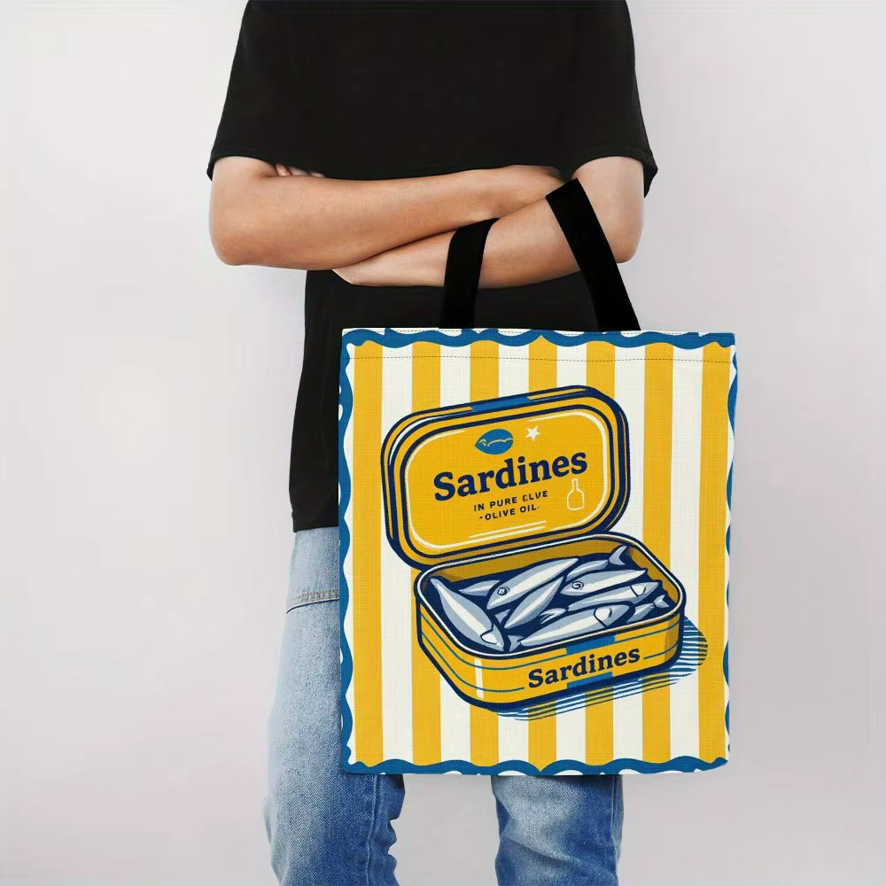 Sardines en huile d'olive Pure, sac à bandoulière pour Shopping quotidien, imprimé poisson coloré, tissu Durable, rayures jaunes, fourre-tout pour femmes