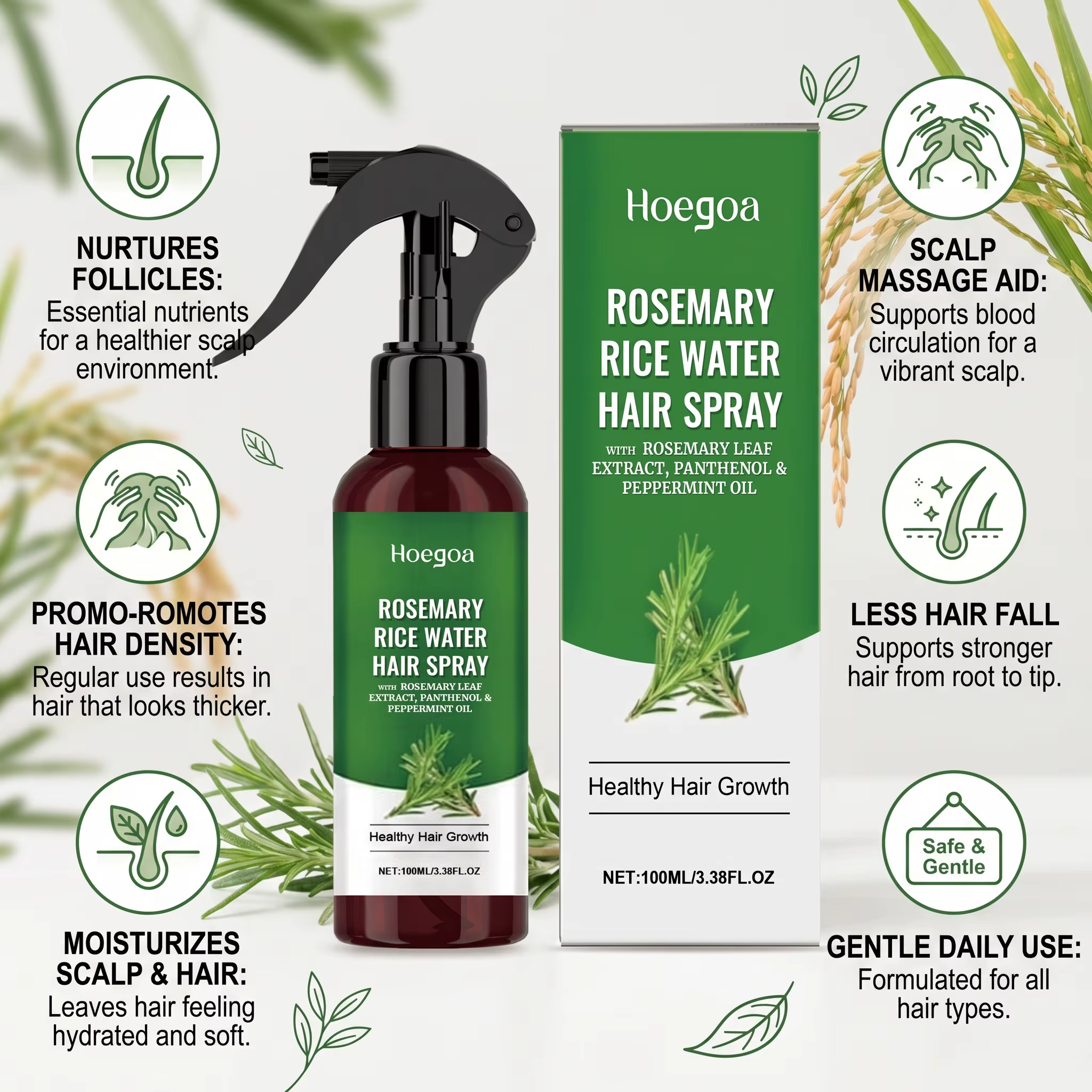 Spray capillaire à l'eau de riz et au romarin pour cheveux secs et crépus