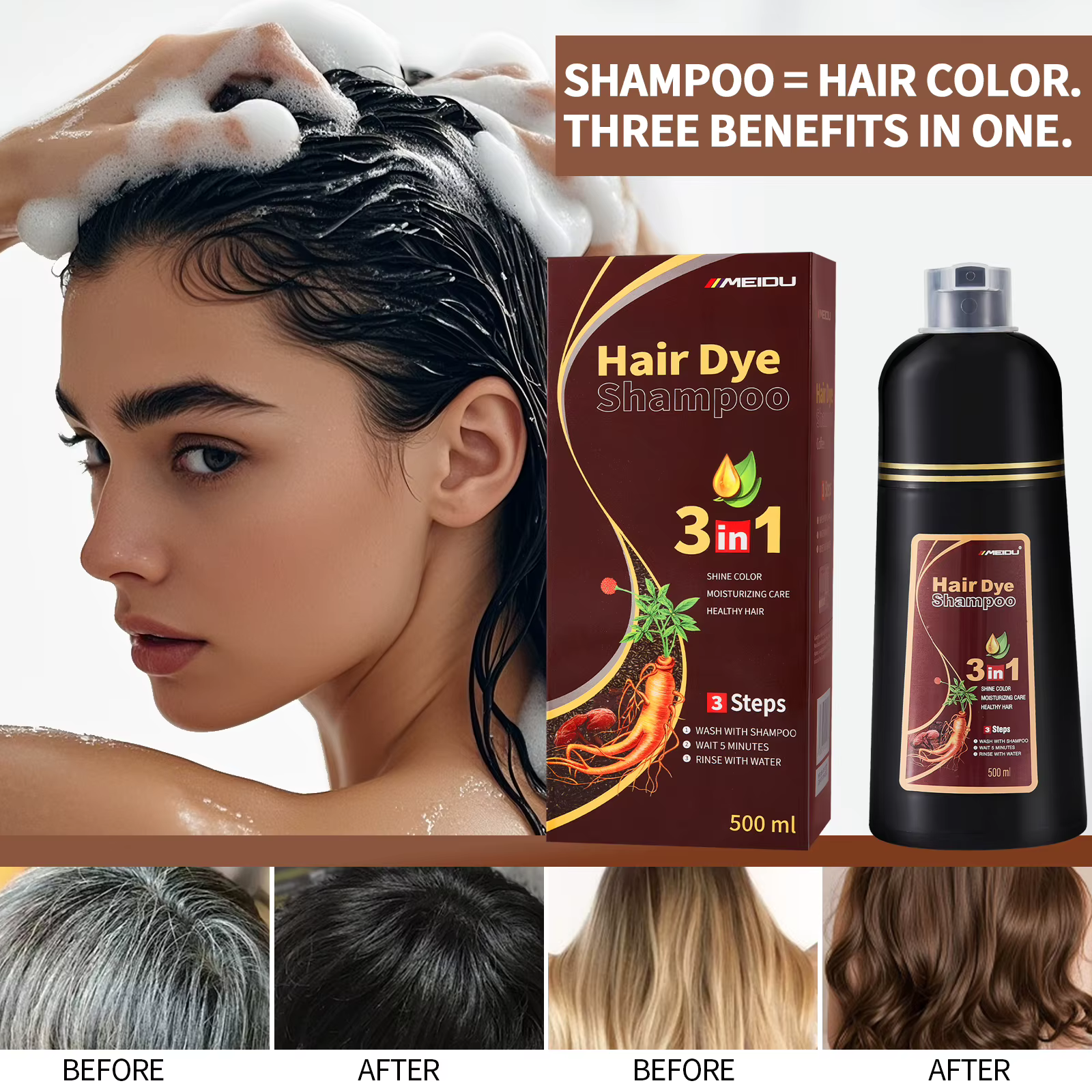 Shampoo colorant capillaire Meidu 3 en 1