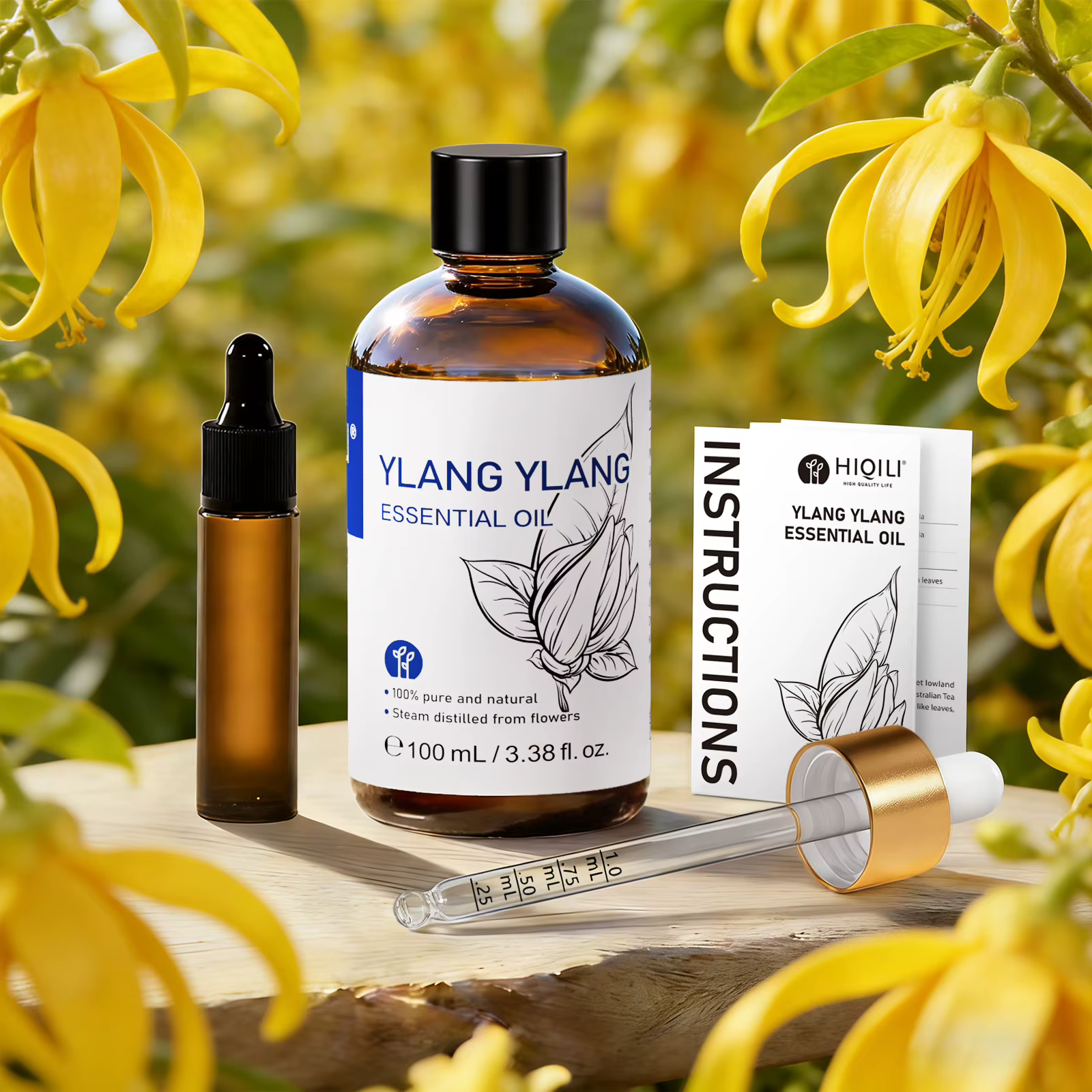 HIQILI Huile Essentielle Naturelle d'Ylang Ylang 10/30/100ml, Extraction de Matière Première, Parfum d'Ambiance, Humidificateur, Parfum pour Voiture