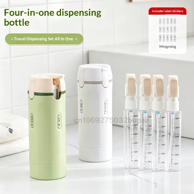 Distributeur de voyage 4-en-1, flacon de shampoing rechargeable portable, adaptateur de voyage, flacon pulvérisateur rechargeable détachable, transparent et visible
