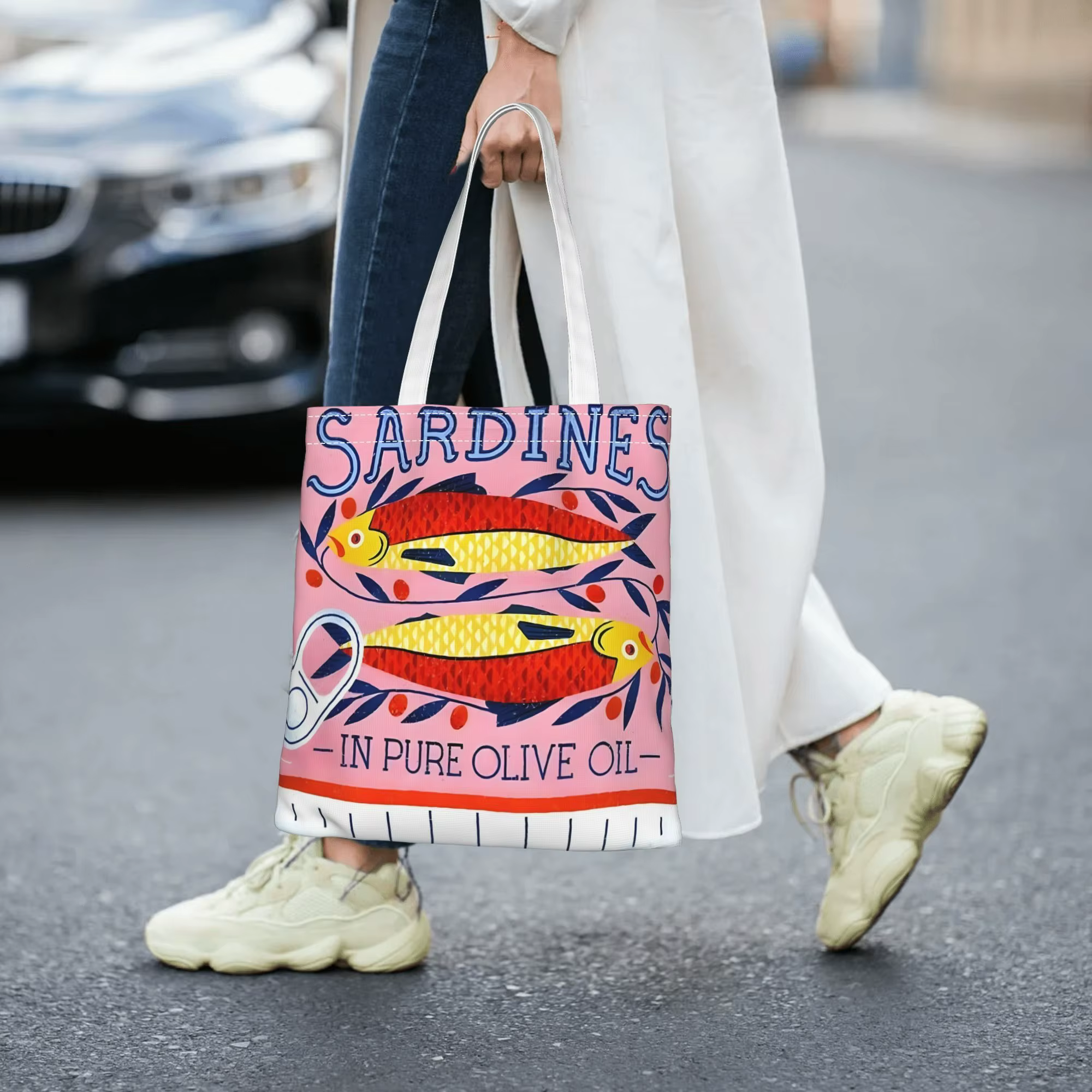 Sardines en huile d'olive Pure, sac à bandoulière pour Shopping quotidien, imprimé poisson coloré, tissu Durable, rayures jaunes, fourre-tout pour femmes