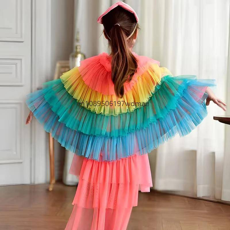 Cape de costume d'oiseau multicolore pour enfant, tenue de cosplay animal pour fille, robe de performance scénique, costume de carnaval à thème oiseau
