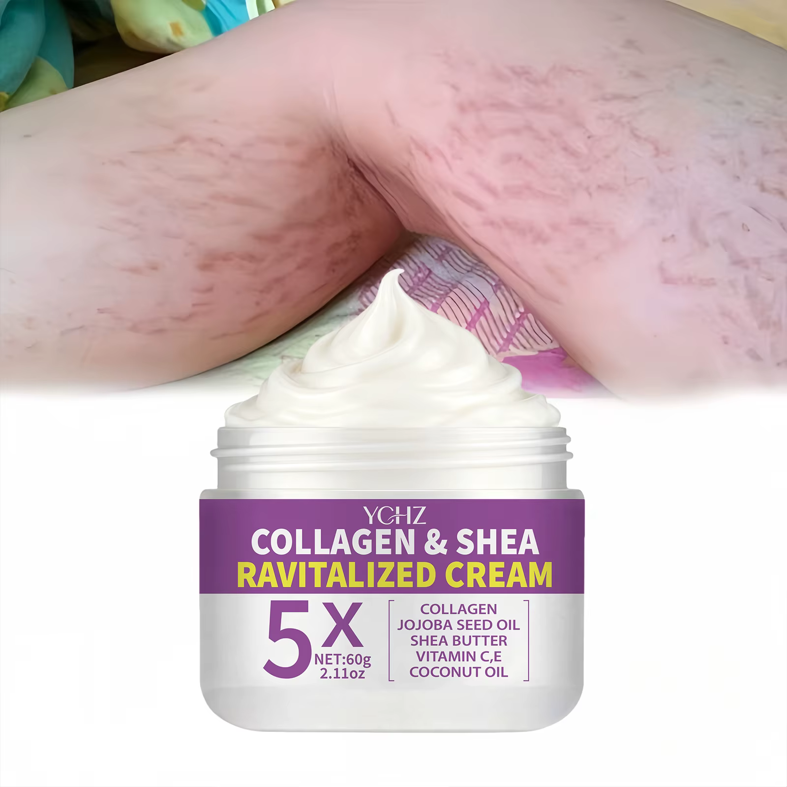 Crème raffermissante au collagène, riche en huile de jojoba, vitamines C et E, huile de noix de coco, idéale pour les cuisses, les fesses, les bras et l'abdomen